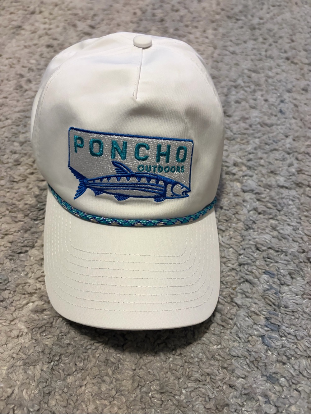 Poncho Outdoors White Fishing Logo Rope-Trim Trucker Hat